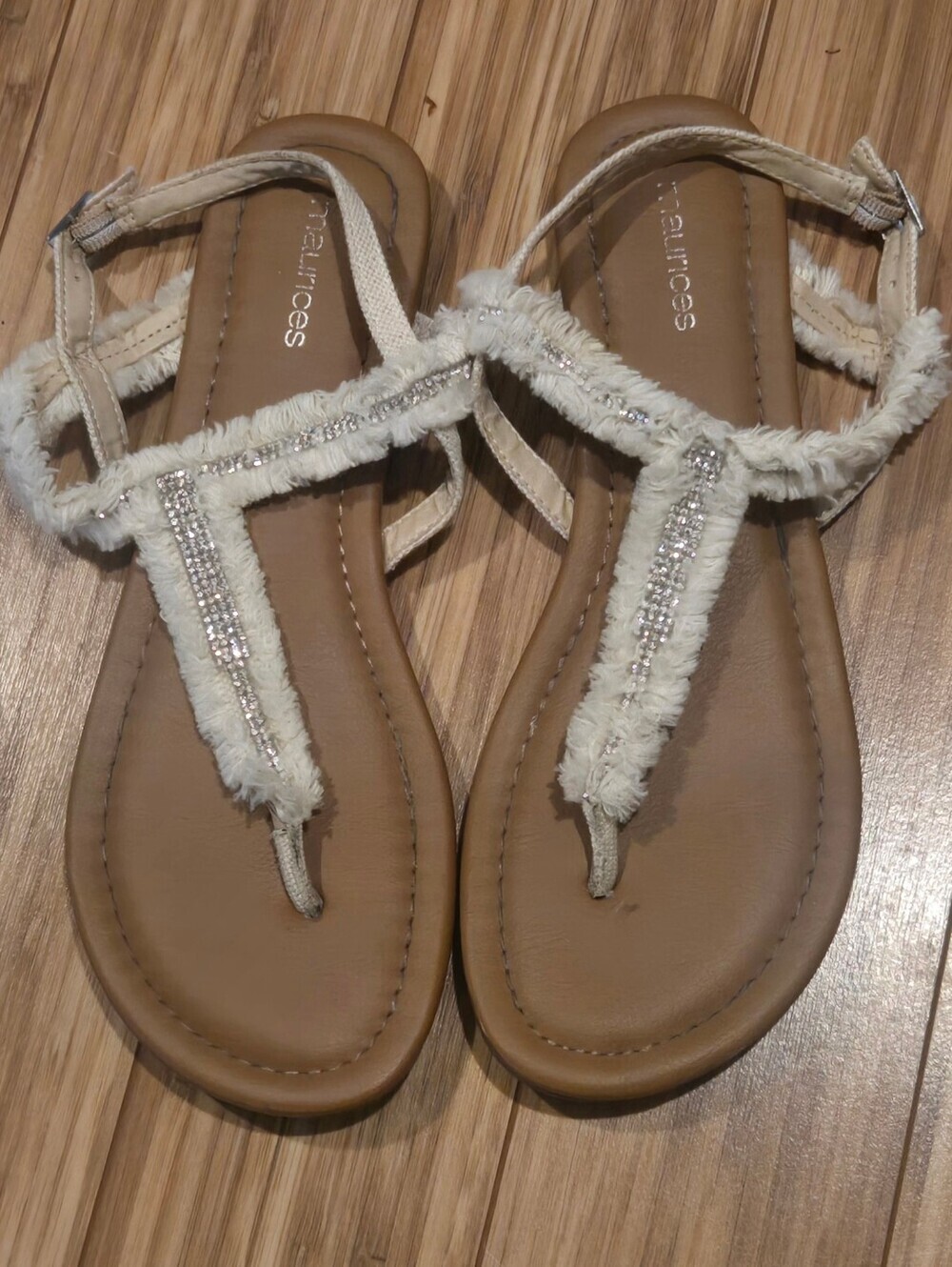 Maurices Cream T-strap Sandals with Crystal Accents